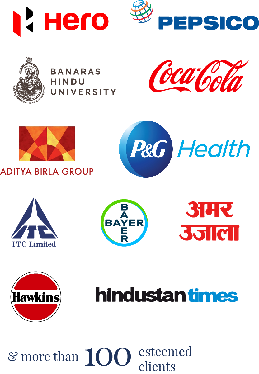 Client Logos of Hero, ITC, Pepsico, BHU, Coca Cola, Aditya Birla, Hawkins, Bayer, Merck, Hindustan Times, Amar Ujala